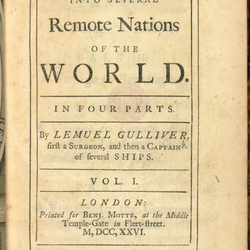 Page de titre de la première édition des Voyages en plusieurs lointaines contrées du monde par Lemuel Gulliver...