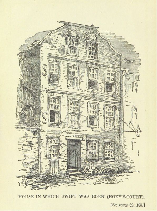Dessin du 19e siècle de la maison natale de Swift (démolie depuis longtemps), à Hoey’s Court, Dublin.