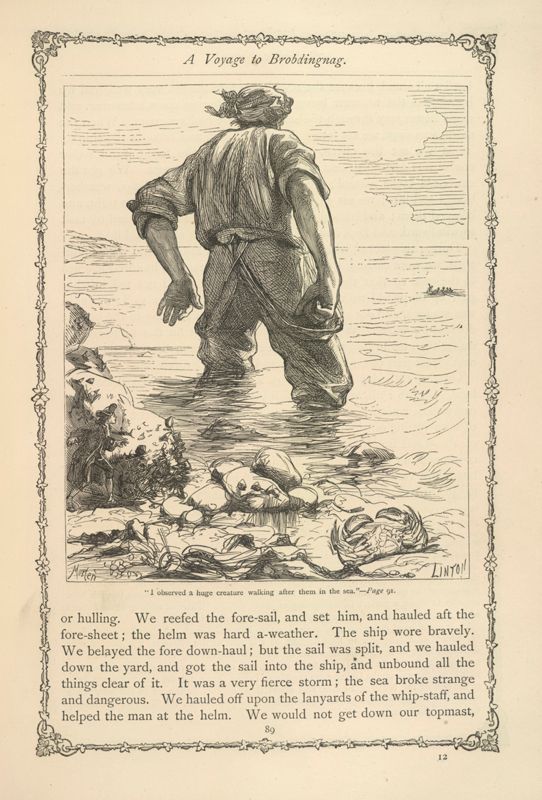 Cette illustration au trait anglais représente Gulliver, face à la mer, dans l'eau jusqu'aux genoux fixant une minuscule embarcation. 