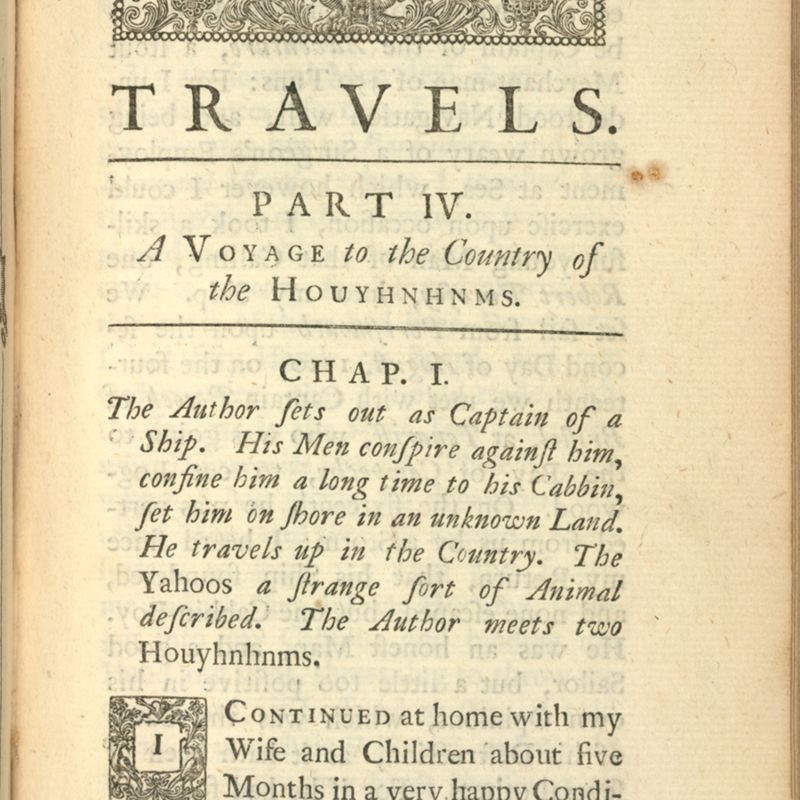 Première page du Voyage au Pays des Houyhnhnms. 