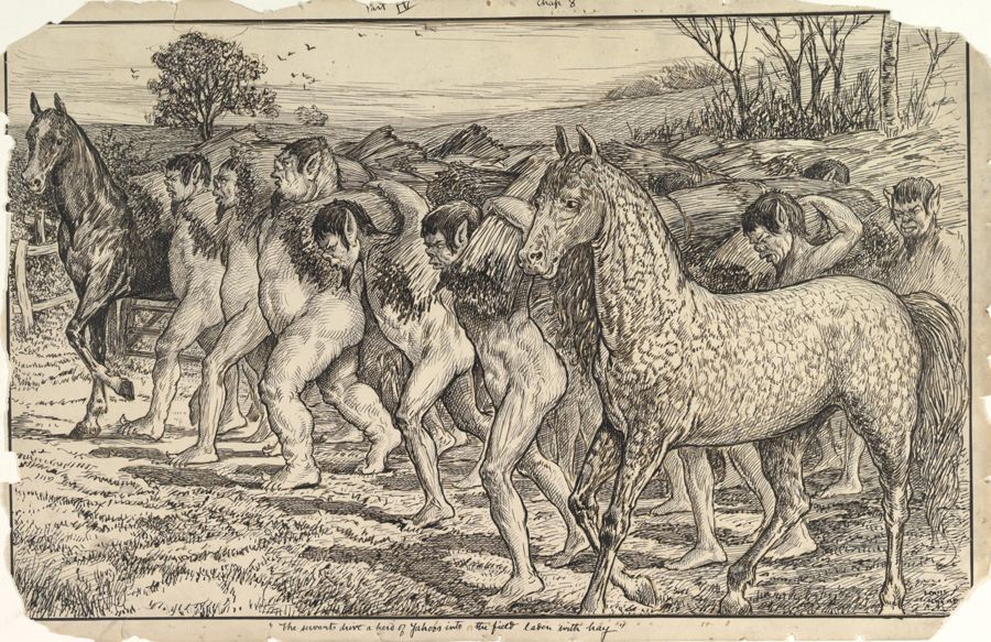Représentation de Yahoos rassemblés en troupeau par des Houyhnhnms