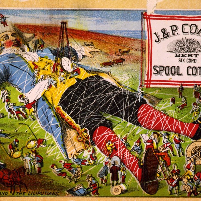 Publicité pour un fil soi-disant assez résistant pour ligoter le géant Gulliver