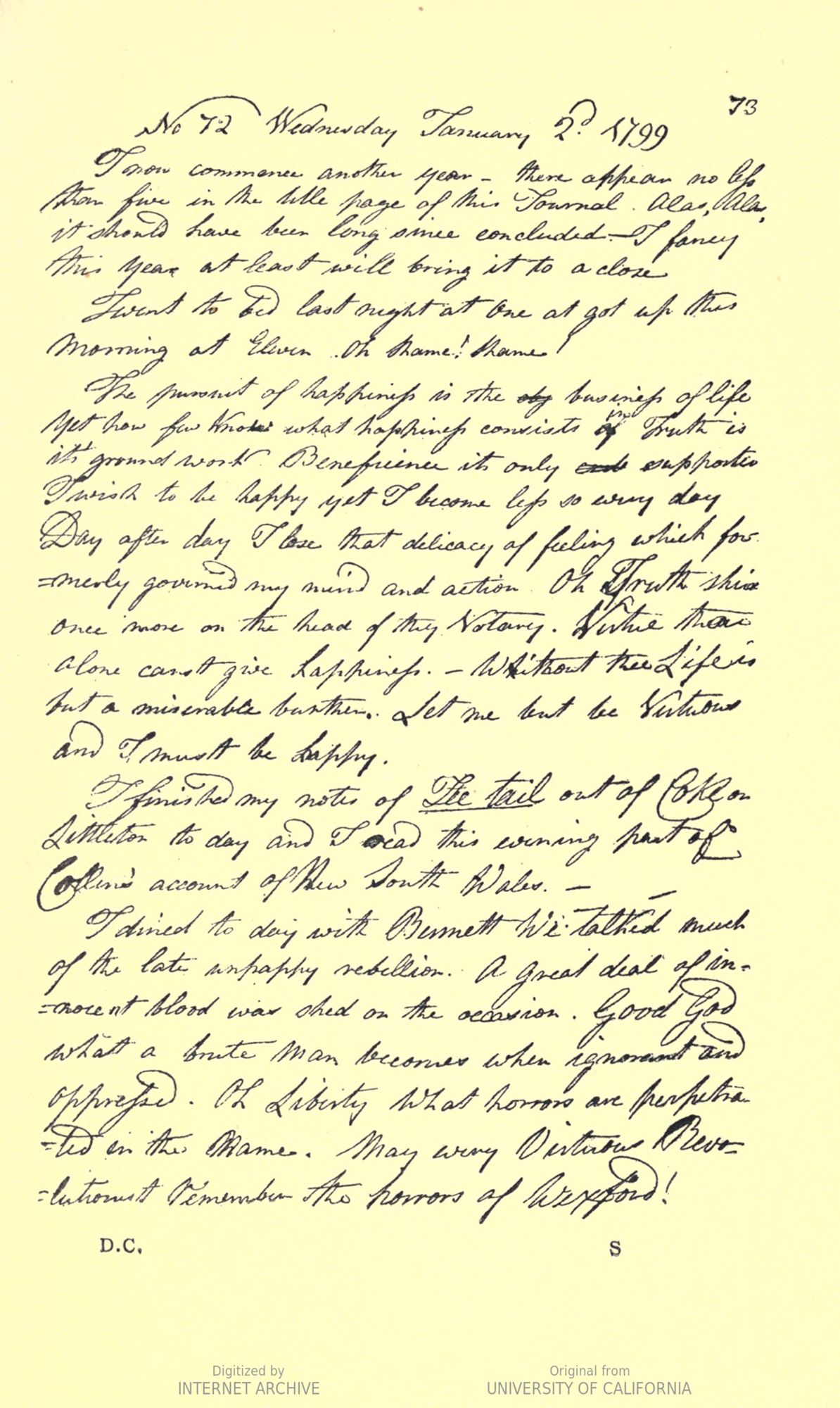 Page du 2 janvier 1799 du Journal intime de Daniel O’Connell 