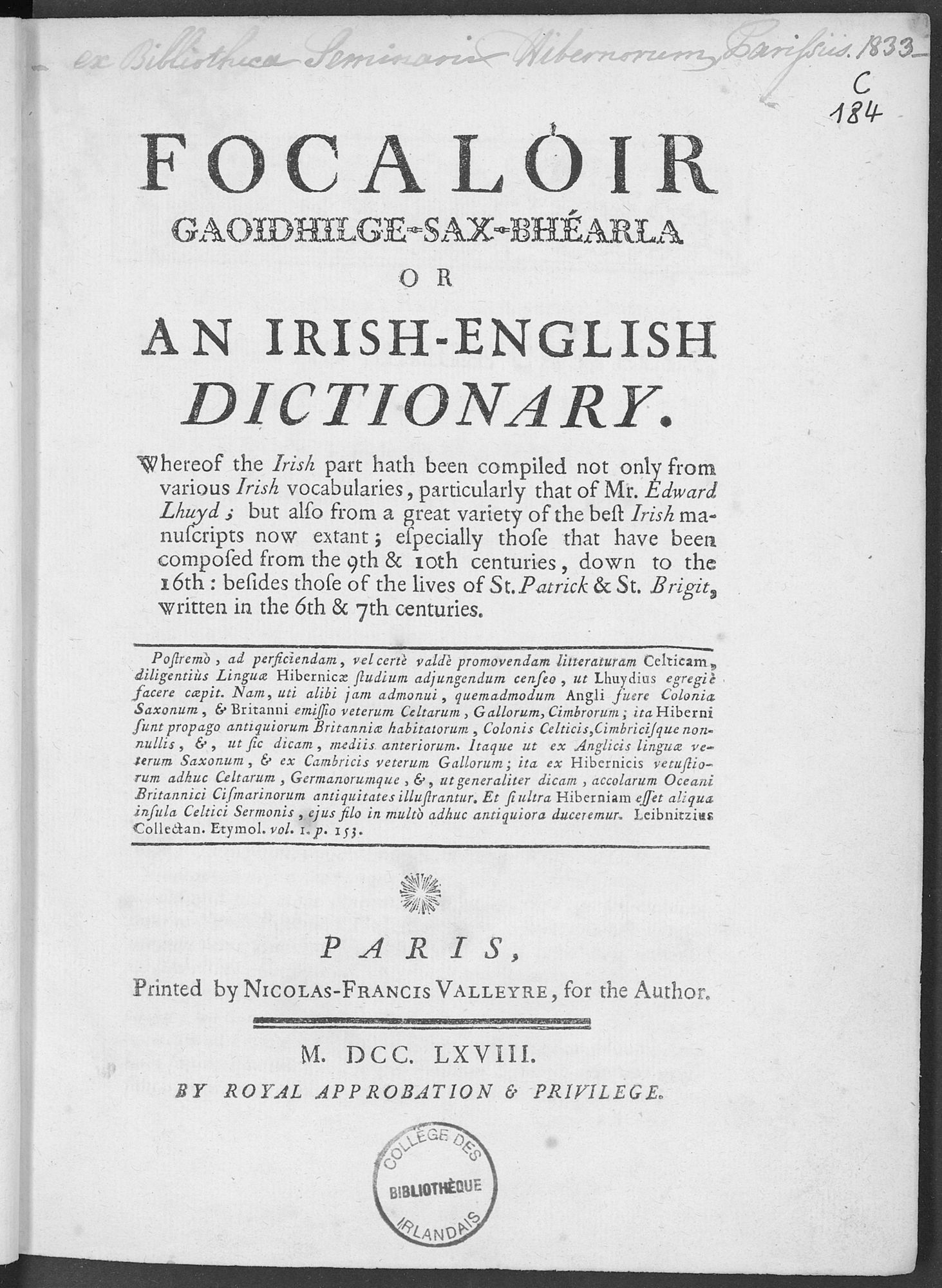 La page de titre du Dictionnaire de John O'Brien, publié en 1768.
