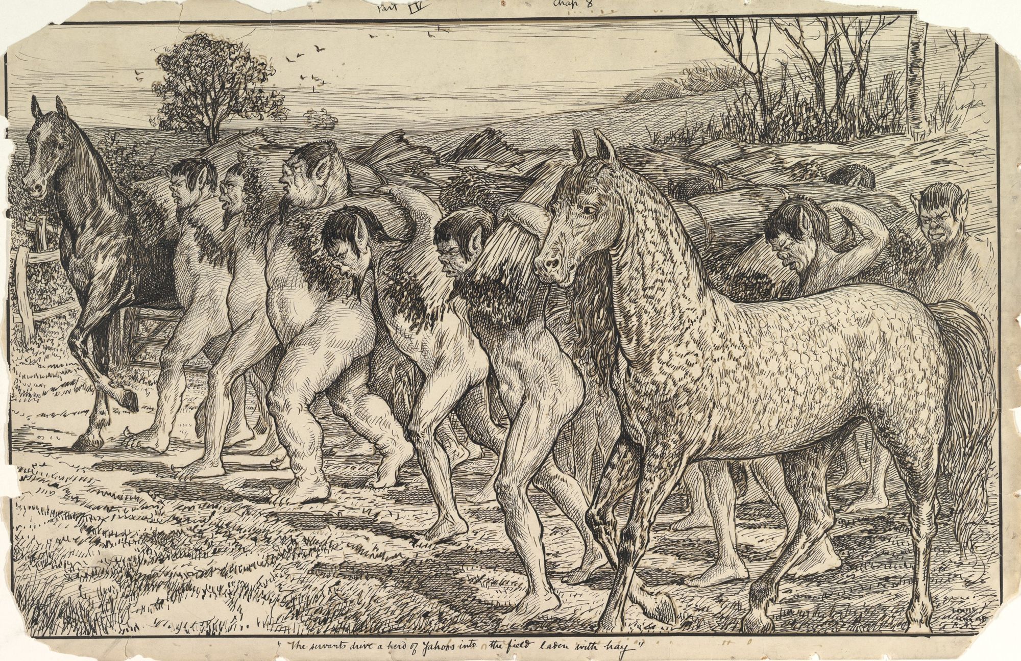 Représentation de Yahoos rassemblés en troupeau par des Houyhnhnms